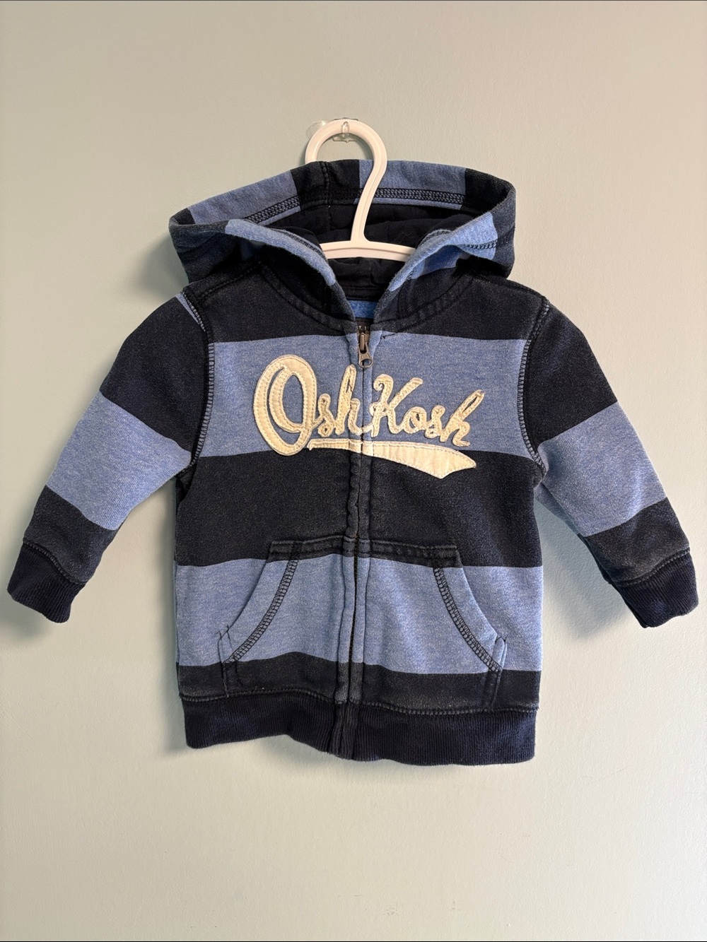 Oshkosh B’gosh Navy Blue Stripe Hooded Zip Up Sweatshirt, Baby Boy Size 6months